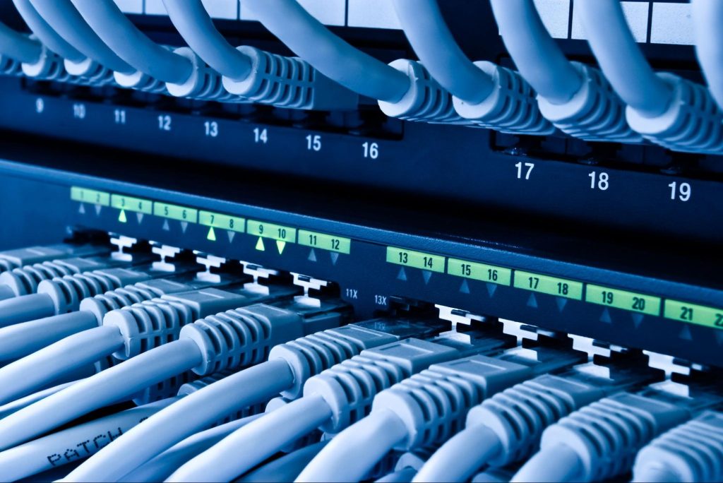Blue network patch cables connected to a patch panel in a data rack
