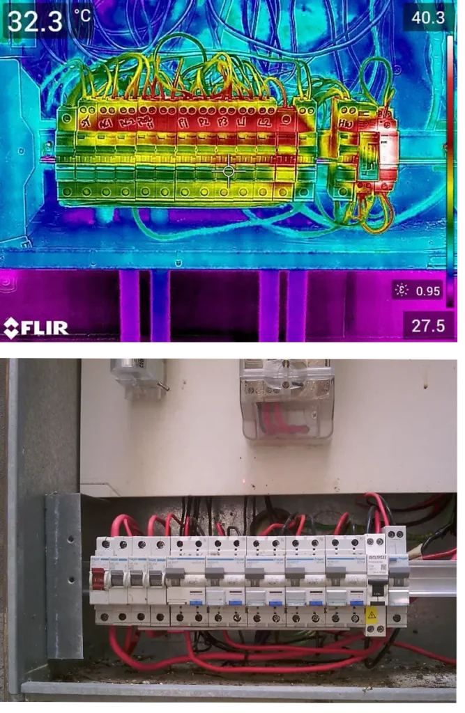 Side-by-side thermal and standard photos of a switchboard inspection