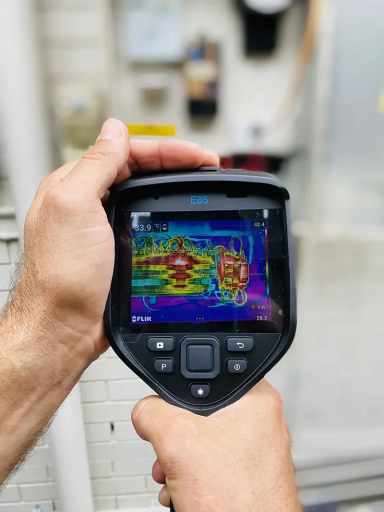 Handheld thermal camera displaying hot spots on a live switchboard