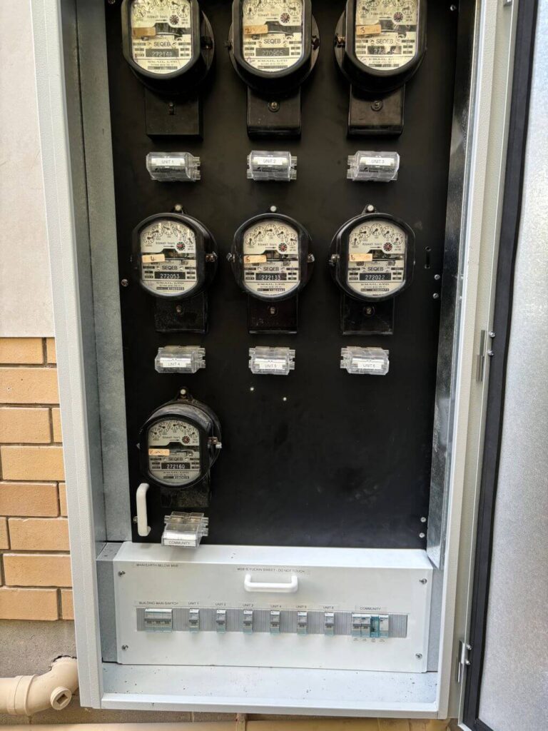 New compliant meter panel at a six unit Paddington complex after inspection