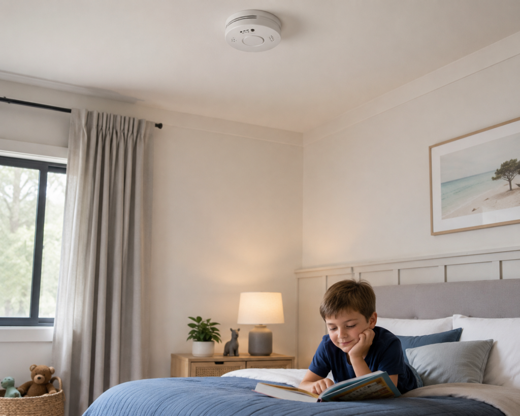 Child reading on a bed beneath a ceiling-mounted smoke alarm