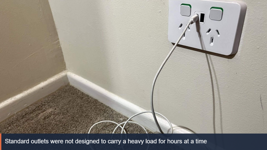 Portable EV charging lead plugged into a standard double power point in a Brisbane garage