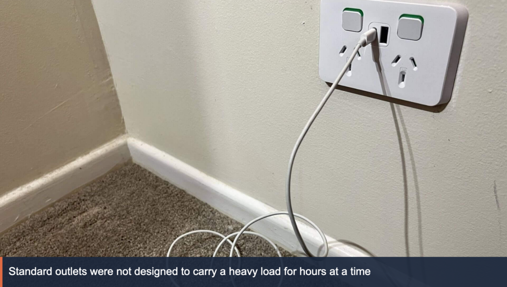 Charging lead plugged into a standard double power point in a Brisbane home
